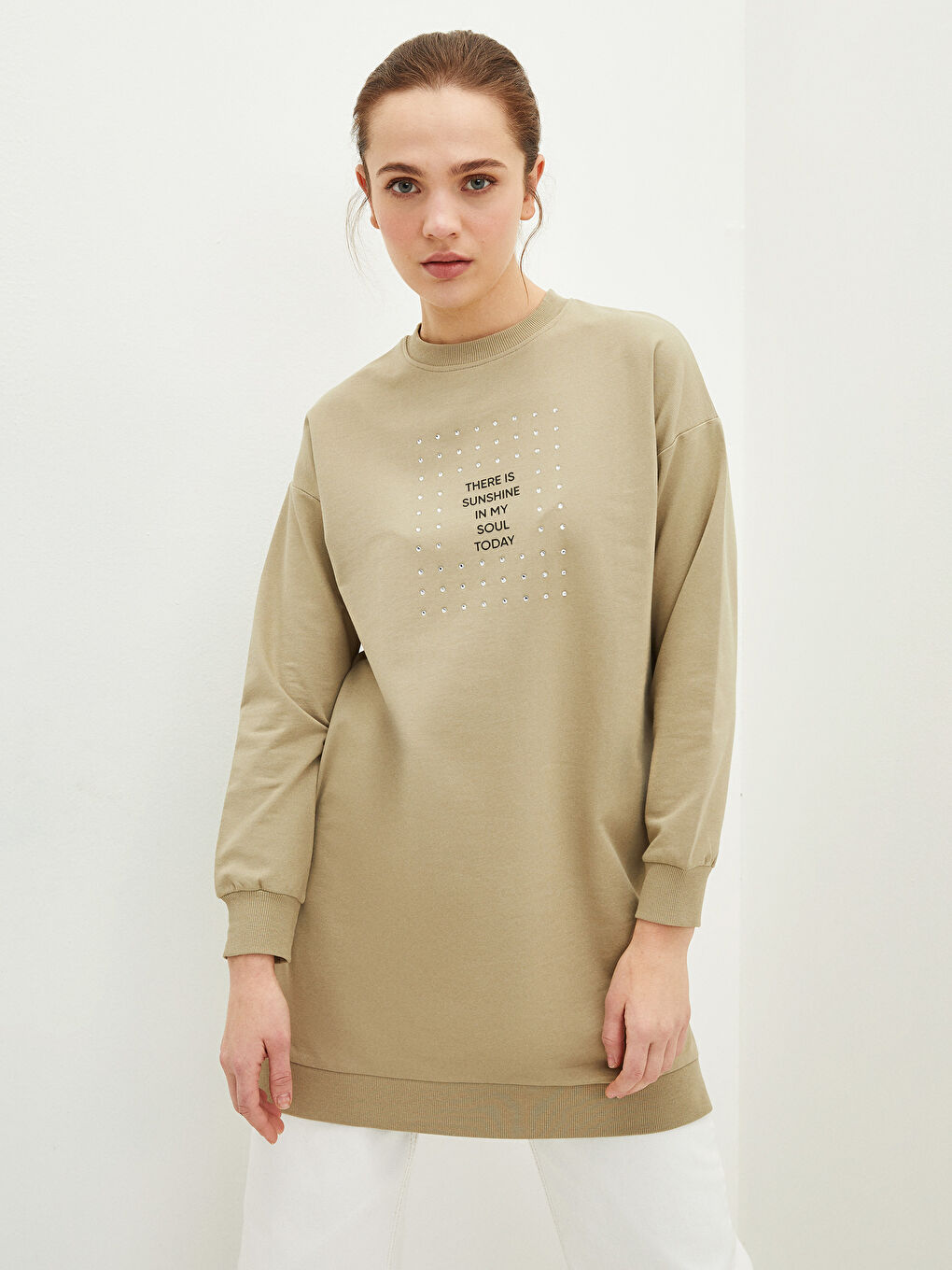 Hanorac Tunică Supradimensionată cu Mânecă Lungă și Guler Rotund Imprimat pentru Femei-2