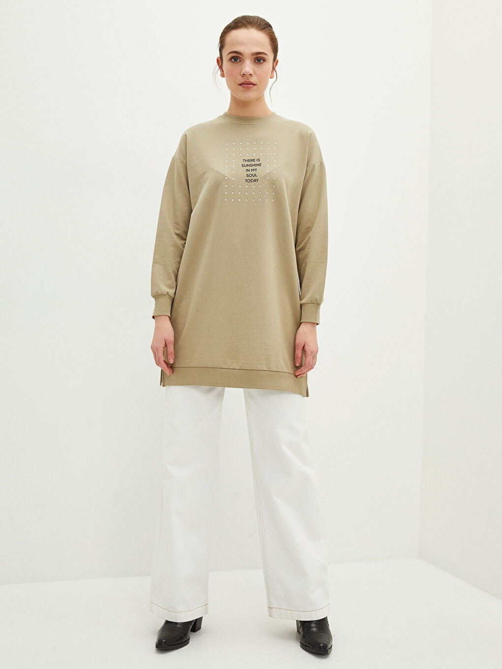 Hanorac Tunică Supradimensionată cu Mânecă Lungă și Guler Rotund Imprimat pentru Femei-3