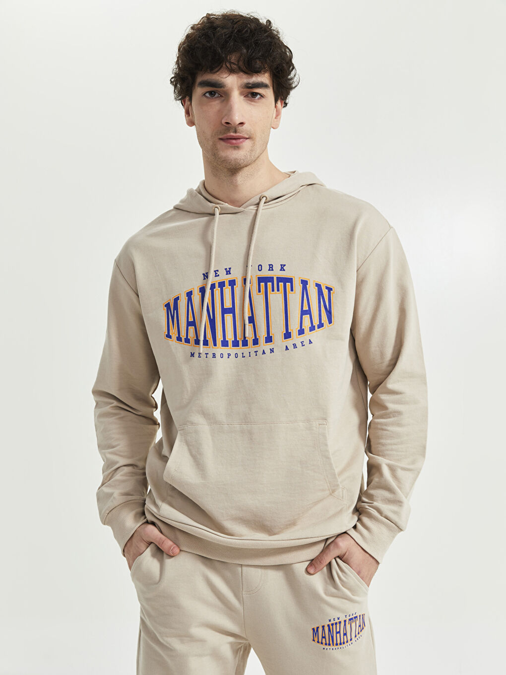 Kahverengi Oversize Uzun Kollu Baskılı Erkek Hoodie-2