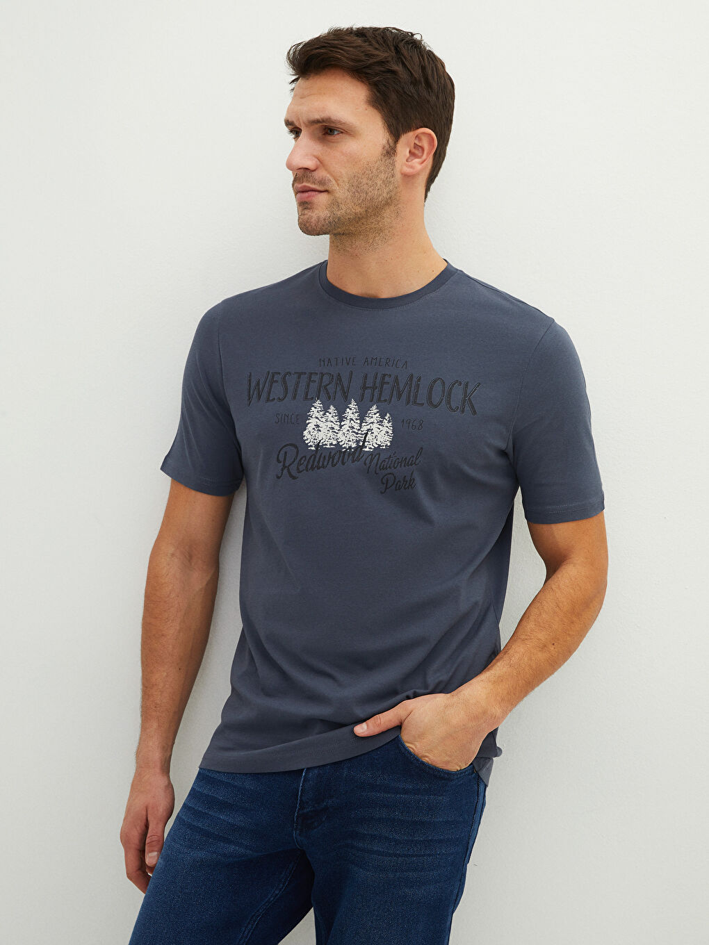 Antrasit Bisiklet Yaka Kısa Kollu Baskılı Penye Erkek Tişört