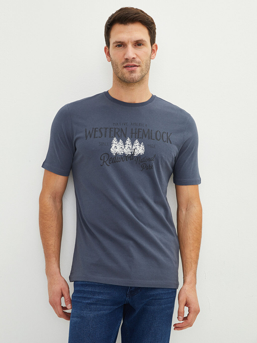 Antrasit Bisiklet Yaka Kısa Kollu Baskılı Penye Erkek Tişört-1