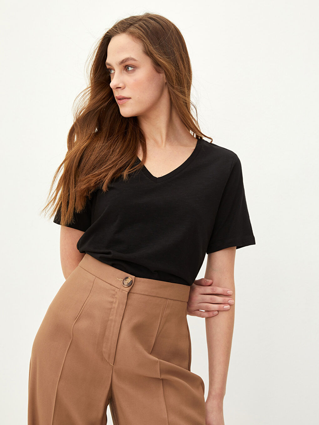 V-Neck Straight Short Sleeve Women's Cotton T-Shirt