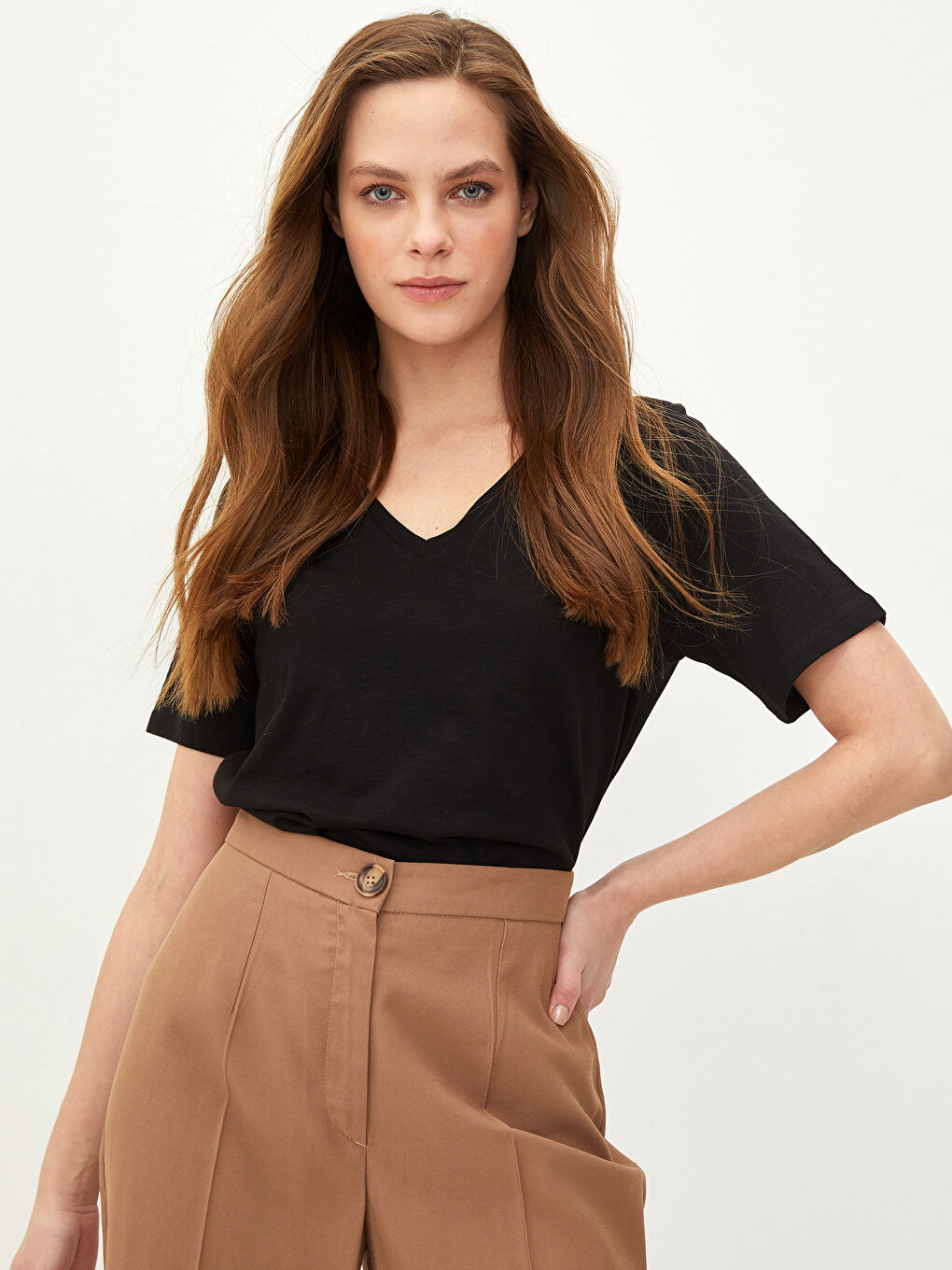 V-Neck Straight Short Sleeve Women's Cotton T-Shirt-1