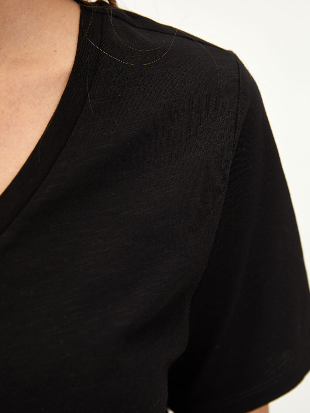 V-Neck Straight Short Sleeve Women's Cotton T-Shirt-3