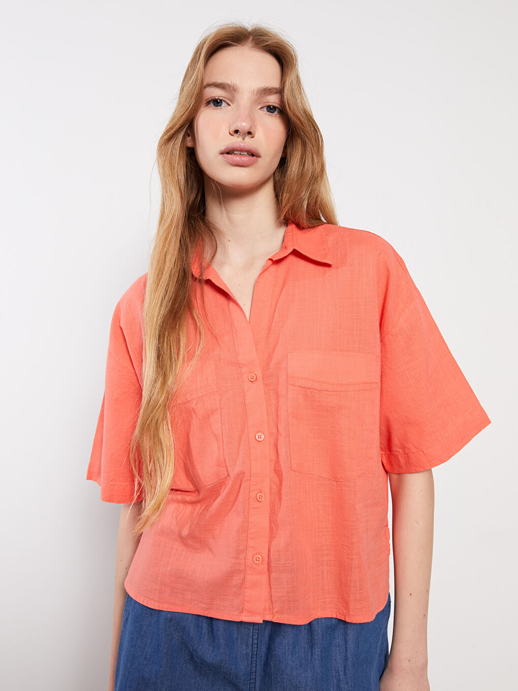 Cămașă din Bumbac pentru Femei cu Închidere Frontală cu Nasturi, Mânecă Scurtă, Croială Dreaptă-2