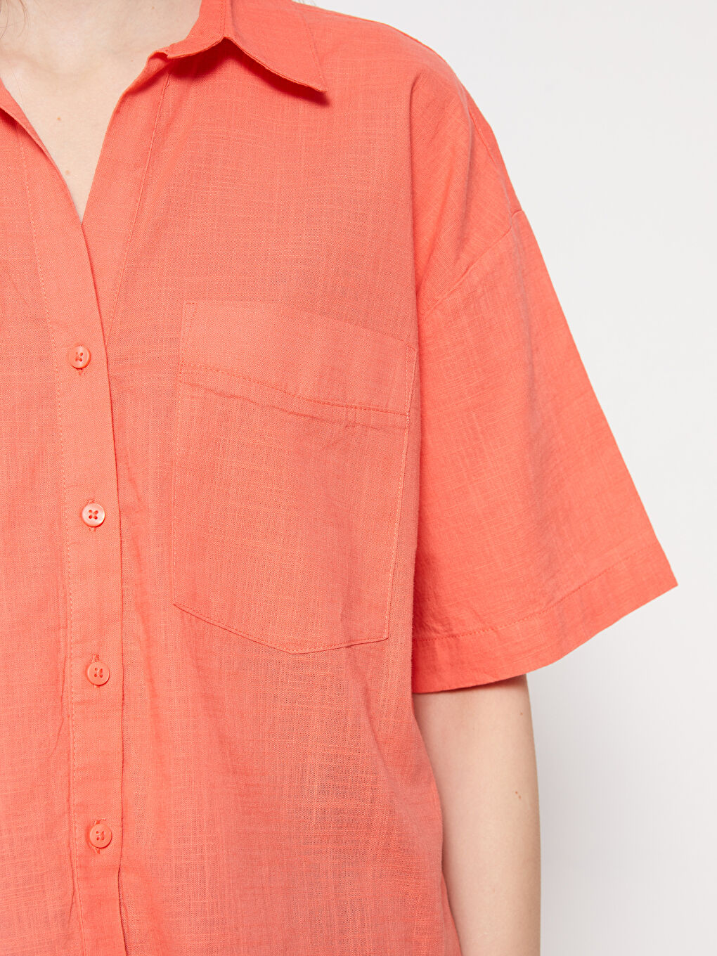 Cămașă din Bumbac pentru Femei cu Închidere Frontală cu Nasturi, Mânecă Scurtă, Croială Dreaptă-3