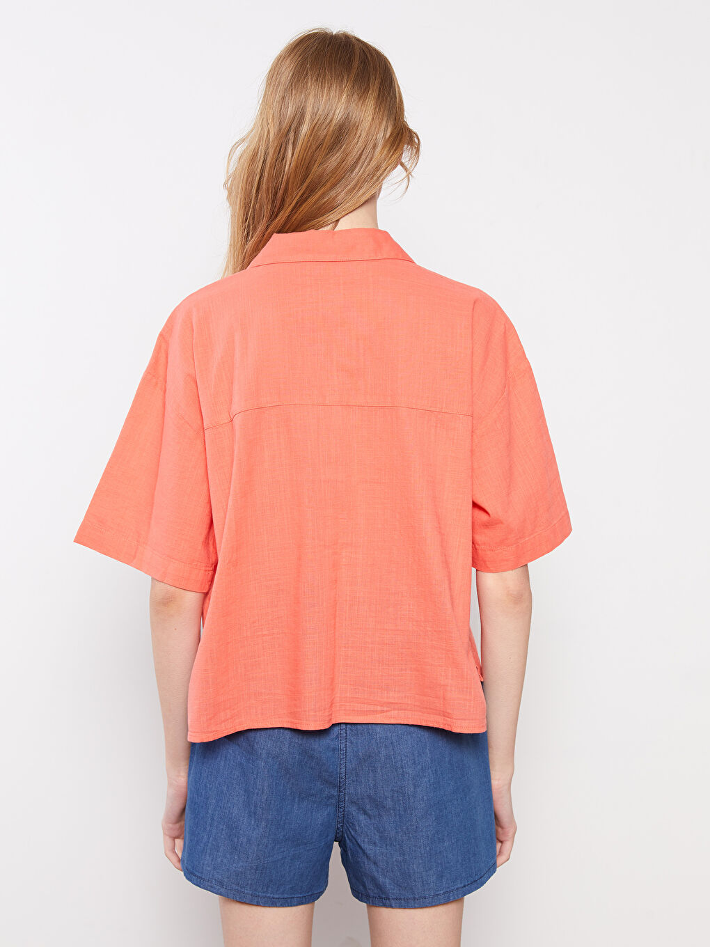 Cămașă din Bumbac pentru Femei cu Închidere Frontală cu Nasturi, Mânecă Scurtă, Croială Dreaptă-5