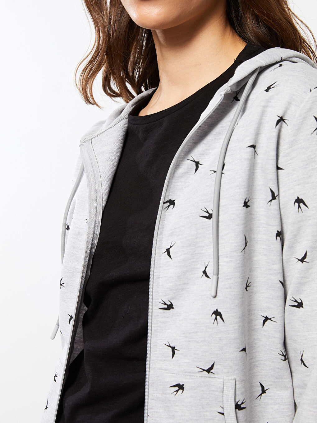 Gri Kapüşonlu Desenli Uzun Kollu Pamuklu Kadın Spor Hırka-2