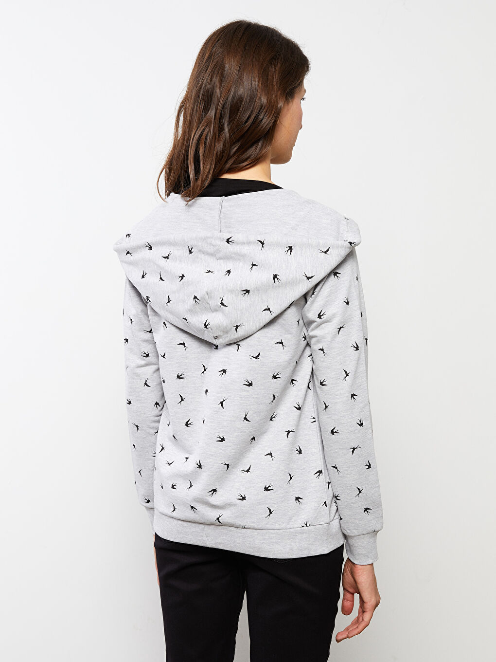 Gri Kapüşonlu Desenli Uzun Kollu Pamuklu Kadın Spor Hırka-3