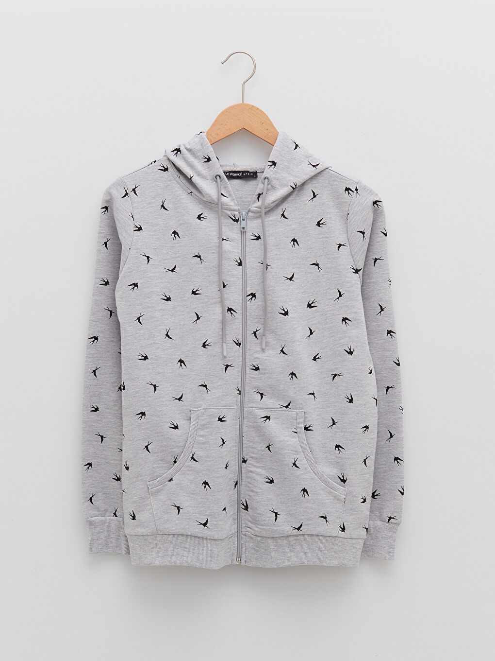 Gri Kapüşonlu Desenli Uzun Kollu Pamuklu Kadın Spor Hırka-4