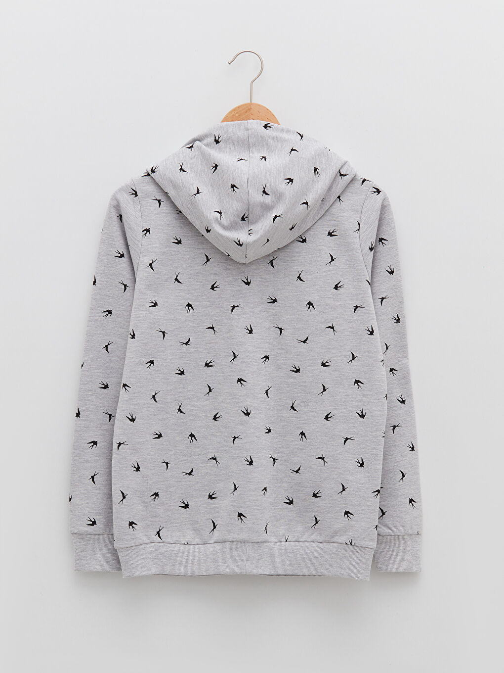 Gri Kapüşonlu Desenli Uzun Kollu Pamuklu Kadın Spor Hırka-5