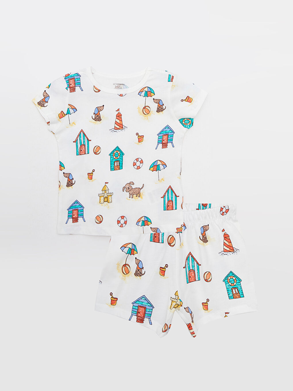 сәби ұлдарға арналған дөңгелек жағалы қысқа жең принтті пижама жинағы