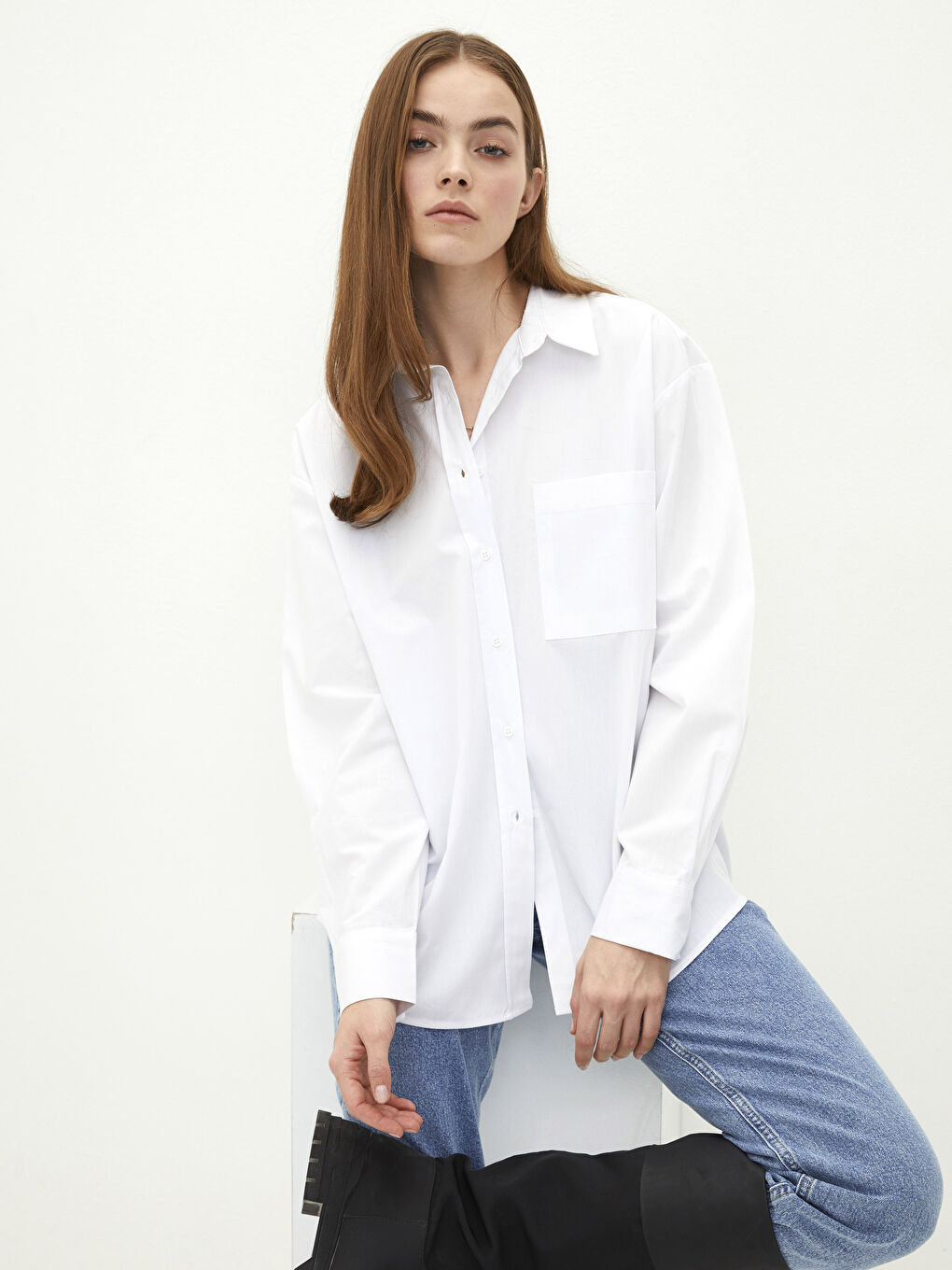 Chemise en Popeline à Boutons, Coupe Régulière, Manches Longues pour Femmes-1