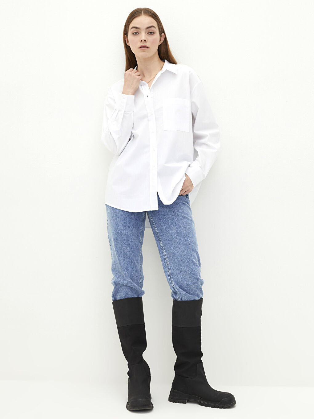 Chemise en Popeline à Boutons, Coupe Régulière, Manches Longues pour Femmes-2