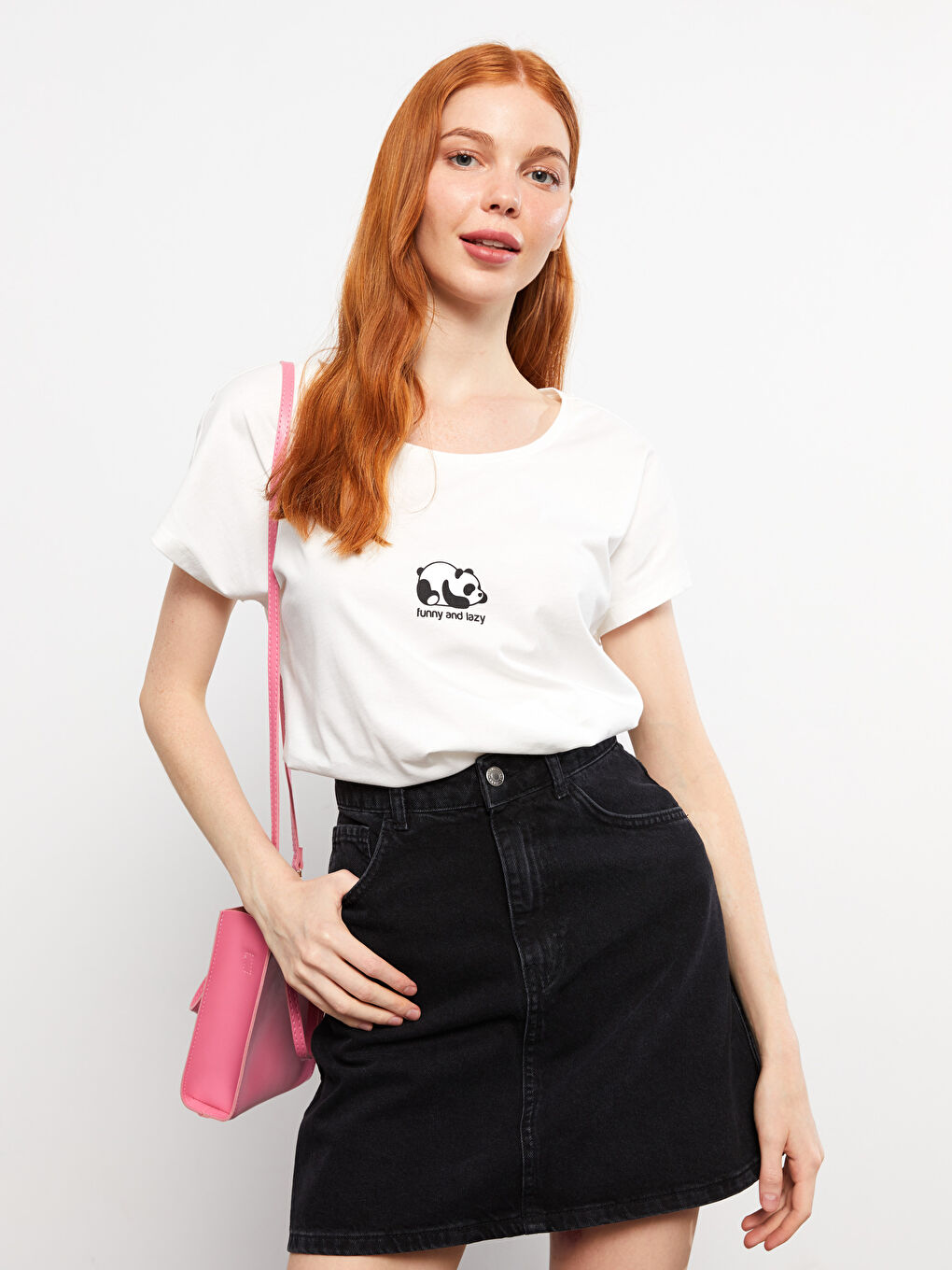 Ekru Bisiklet Yaka Baskılı Kısa Kollu Pamuklu Kadın Pijama Üst