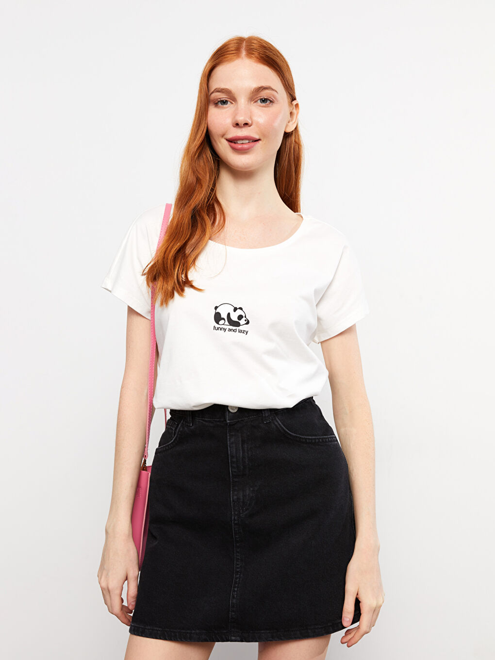 Ekru Bisiklet Yaka Baskılı Kısa Kollu Pamuklu Kadın Pijama Üst-1