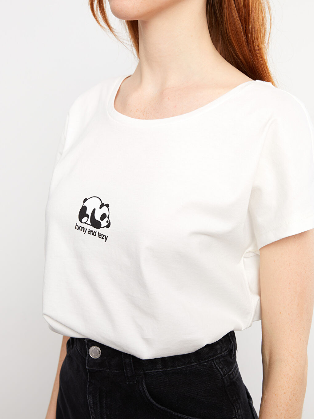 Ekru Bisiklet Yaka Baskılı Kısa Kollu Pamuklu Kadın Pijama Üst-3