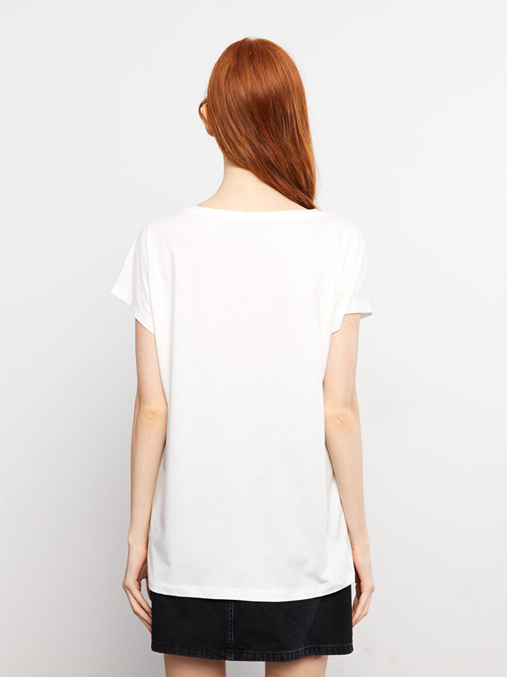 Ekru Bisiklet Yaka Baskılı Kısa Kollu Pamuklu Kadın Pijama Üst-4