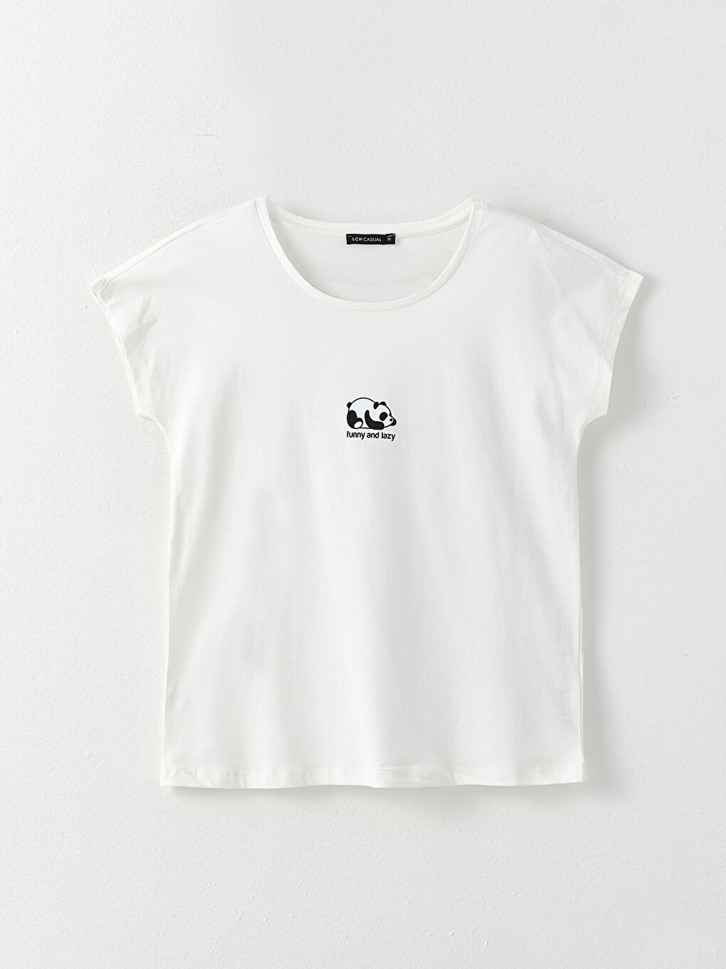 Ekru Bisiklet Yaka Baskılı Kısa Kollu Pamuklu Kadın Pijama Üst-5