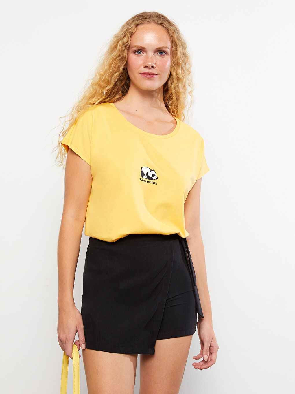 Sarı Bisiklet Yaka Baskılı Kısa Kollu Pamuklu Kadın Pijama Üst