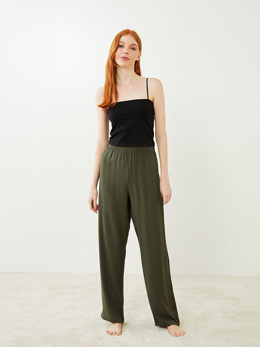 Haki Beli Lastikli Düz Viskon Kadın Pijama Alt