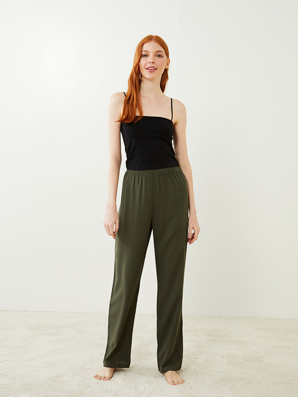 Haki Beli Lastikli Düz Viskon Kadın Pijama Alt-1