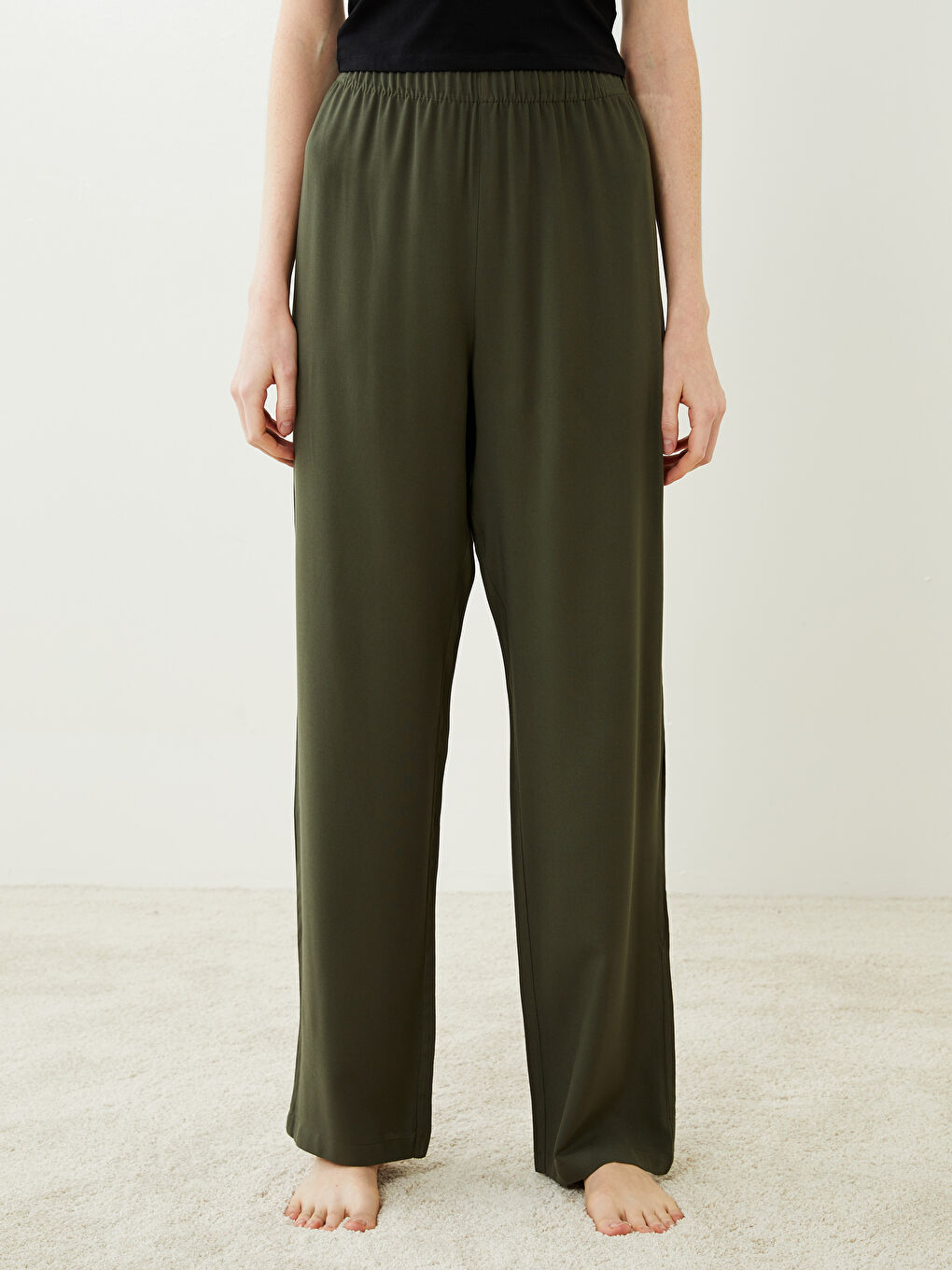 Haki Beli Lastikli Düz Viskon Kadın Pijama Alt-2
