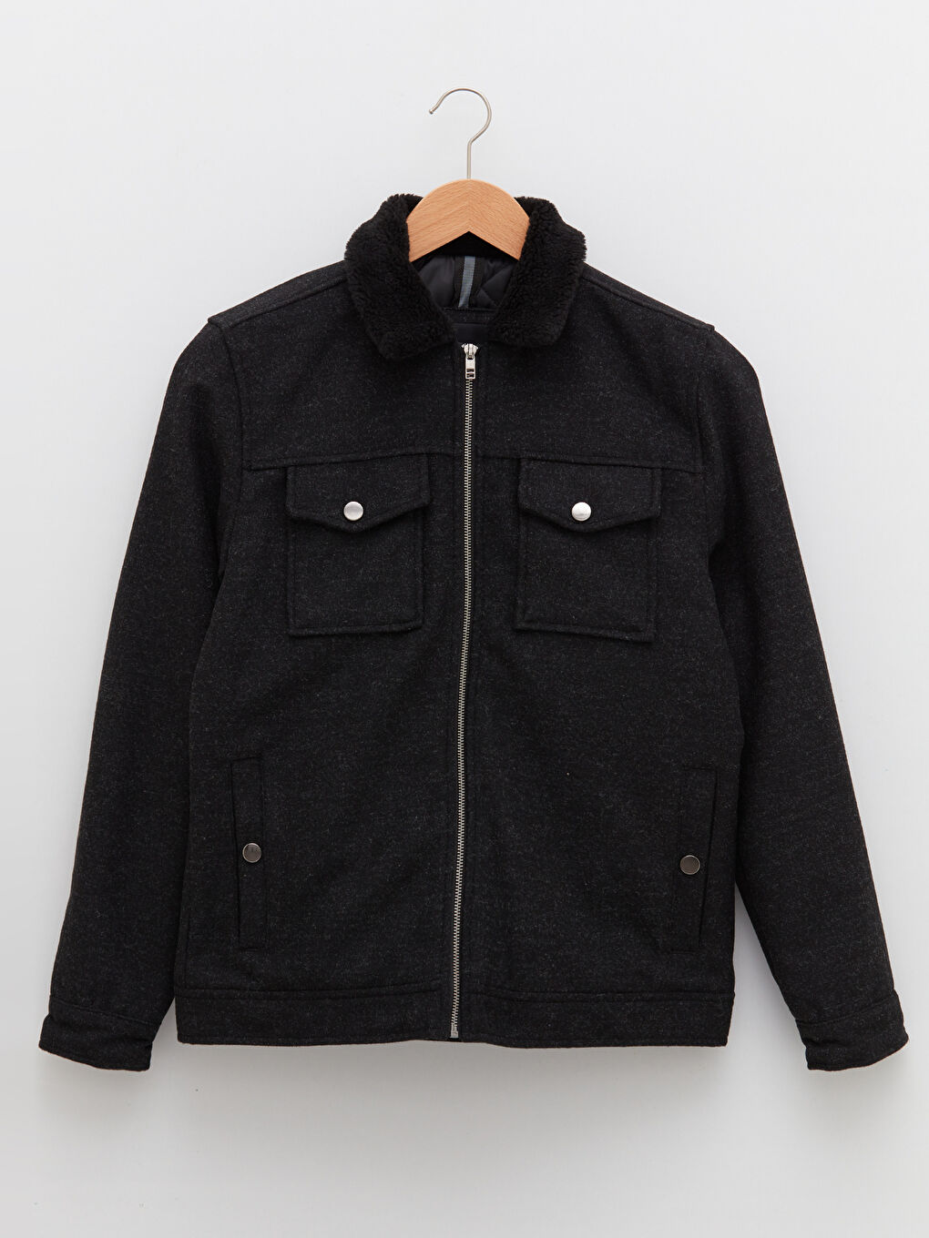 Siyah Slim Fit Kürk Yaka Kalın Kaban-5