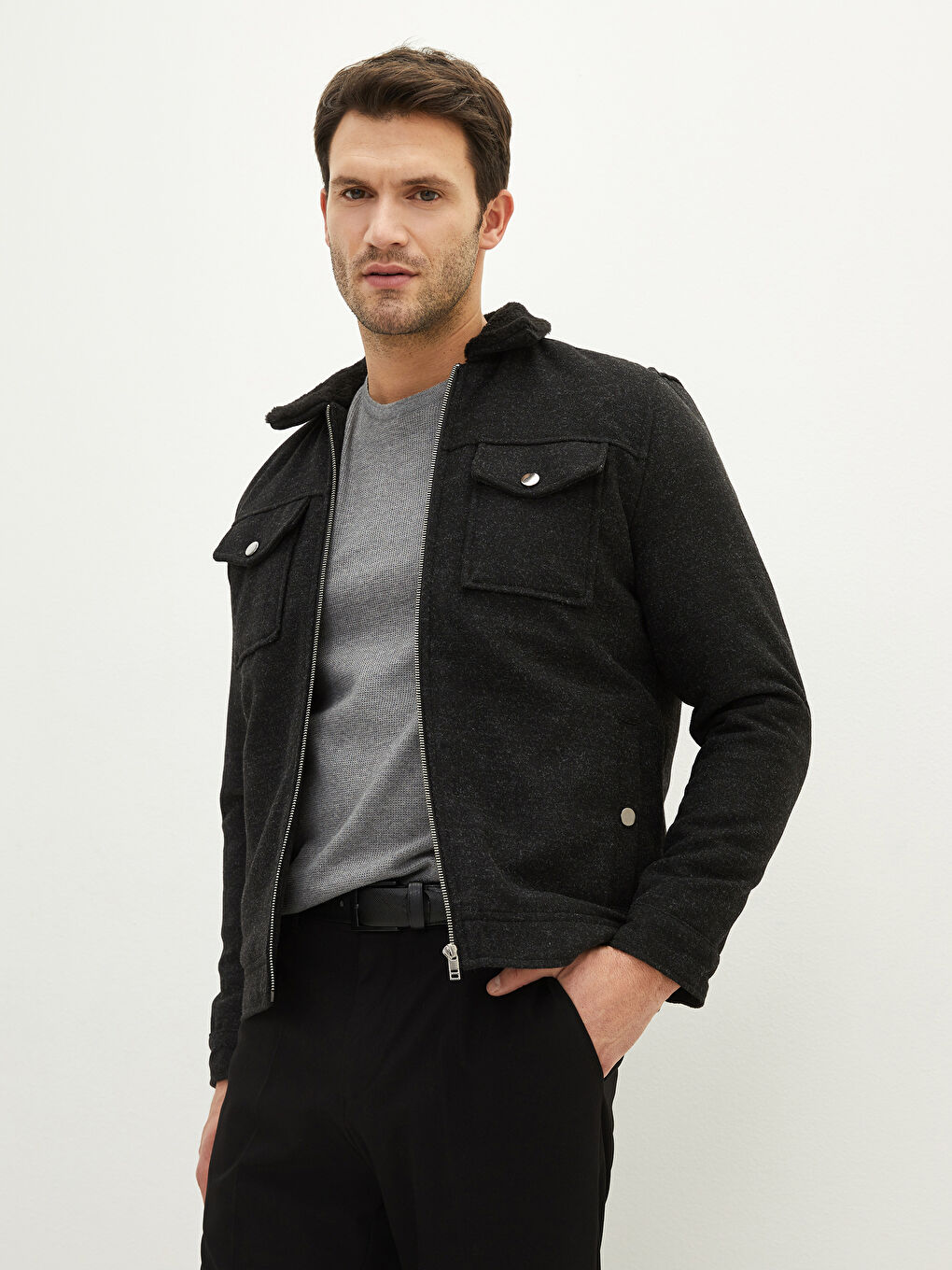 Siyah Slim Fit Kürk Yaka Kalın Kaban