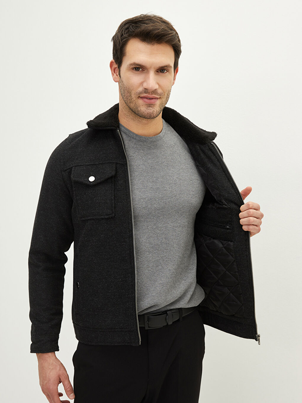 Siyah Slim Fit Kürk Yaka Kalın Kaban-1