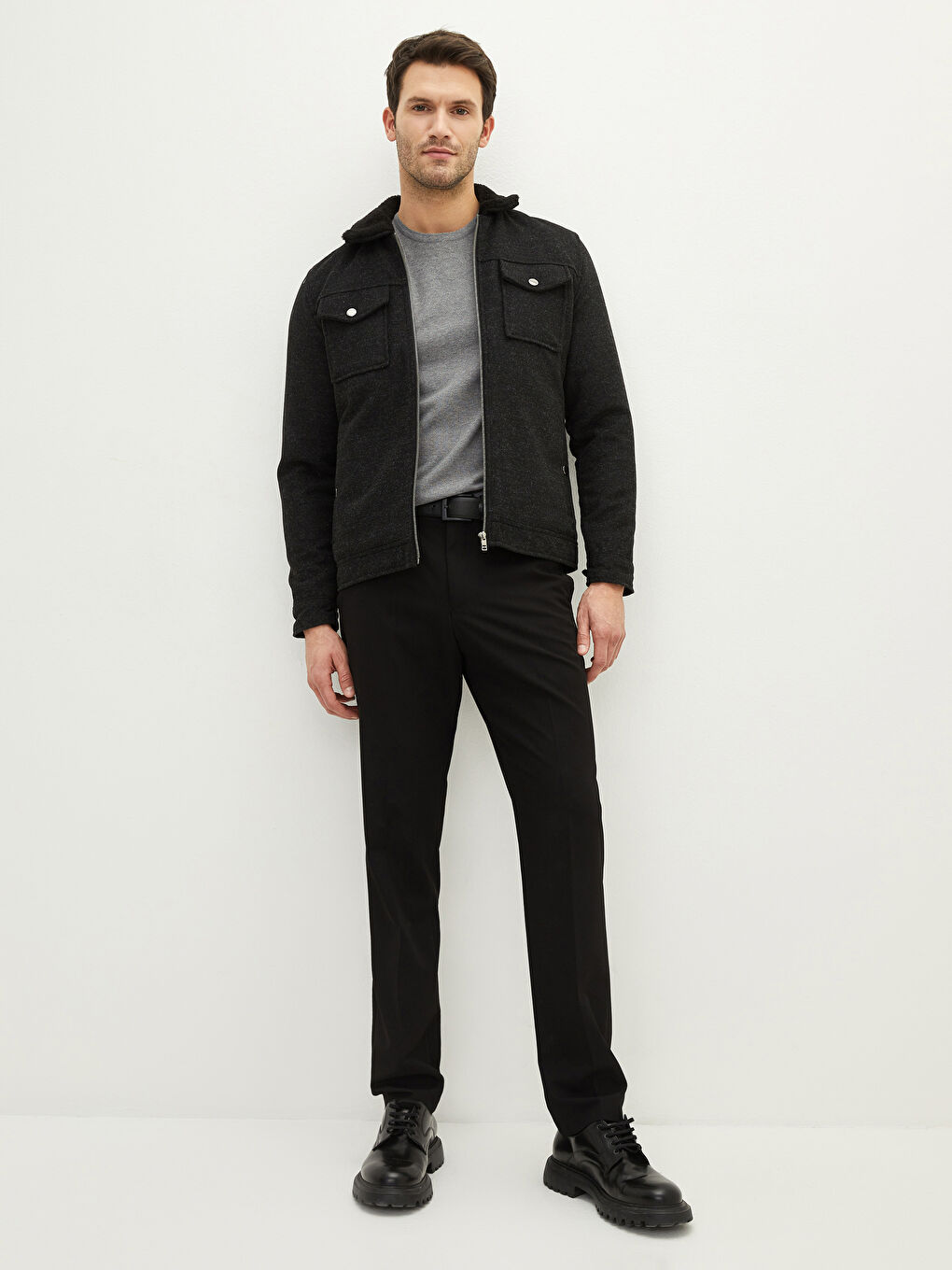 Siyah Slim Fit Kürk Yaka Kalın Kaban-2