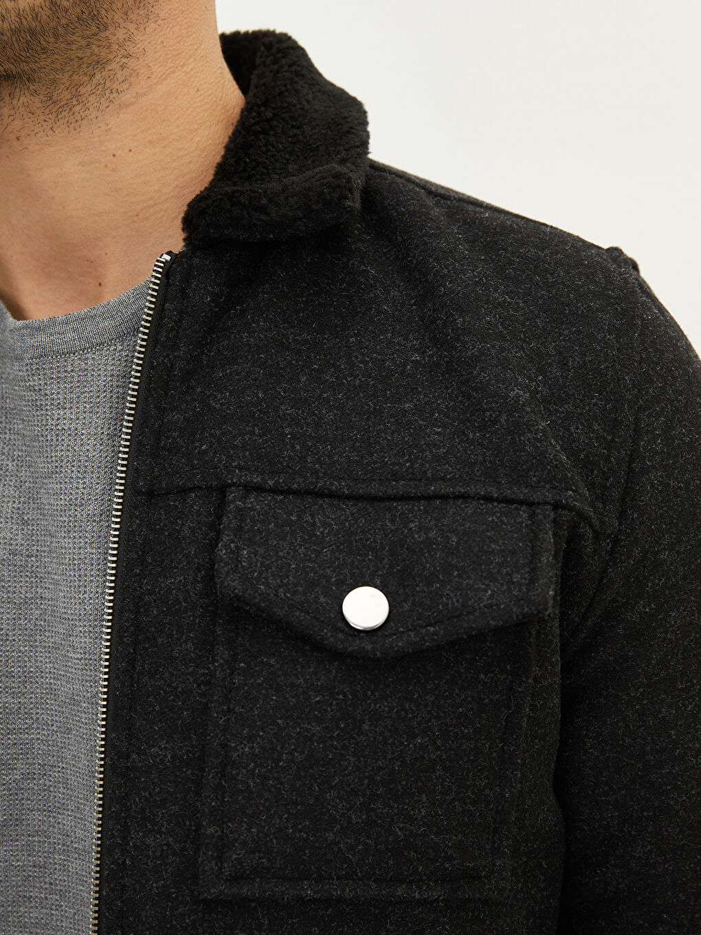 Siyah Slim Fit Kürk Yaka Kalın Kaban-3