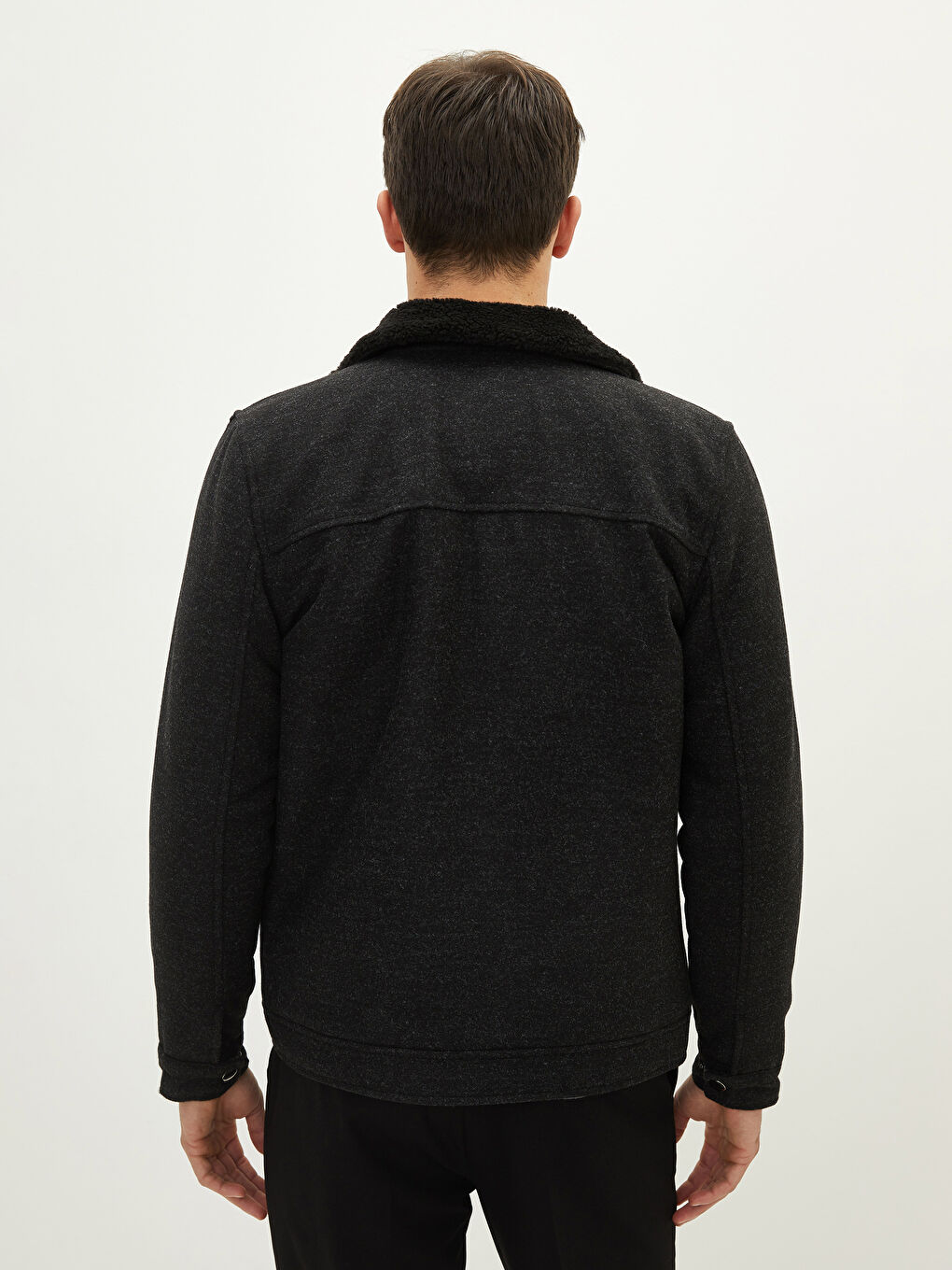 Siyah Slim Fit Kürk Yaka Kalın Kaban-4