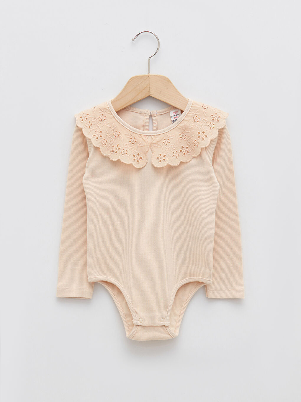 Bej Bebe Yaka Uzun Kollu Kız Bebek Çıtçıtlı Bodysuit