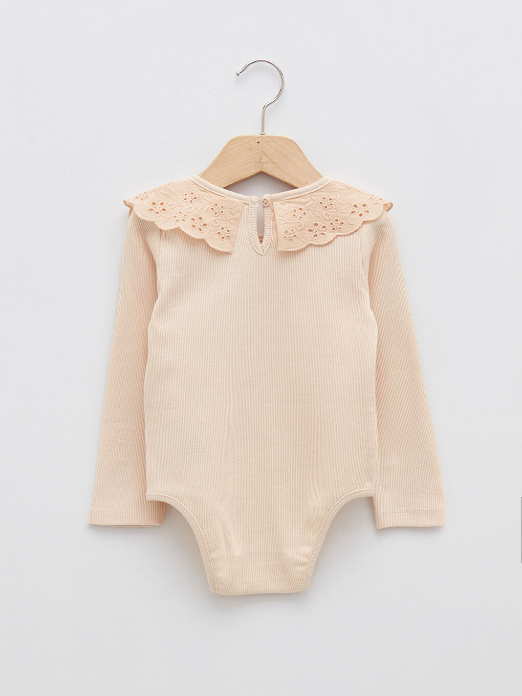 Bej Bebe Yaka Uzun Kollu Kız Bebek Çıtçıtlı Bodysuit-1