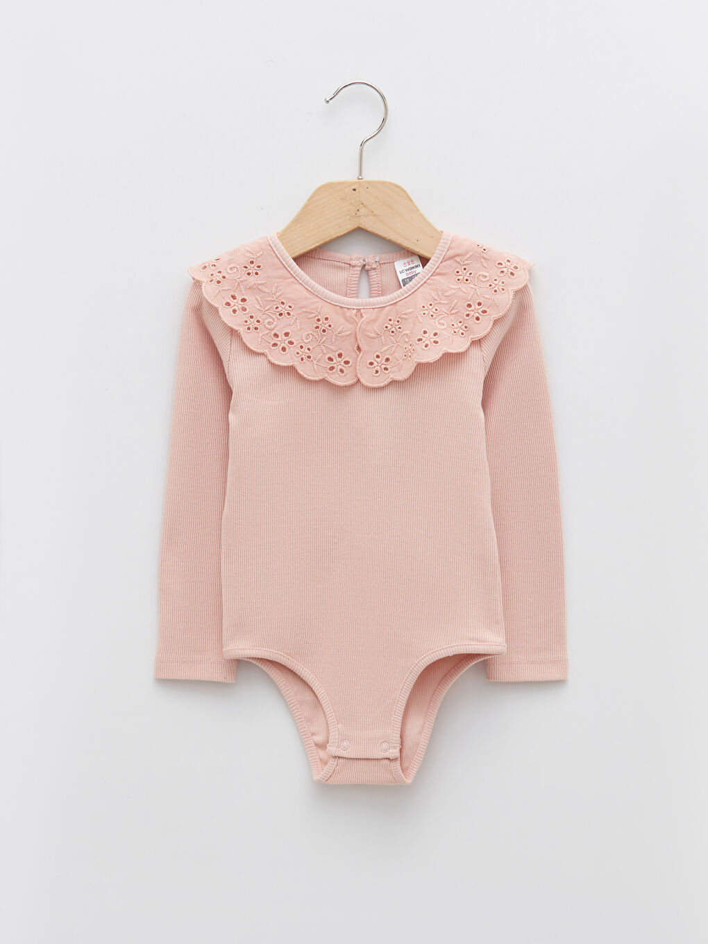 Pembe Bebe Yaka Uzun Kollu Kız Bebek Çıtçıtlı Bodysuit