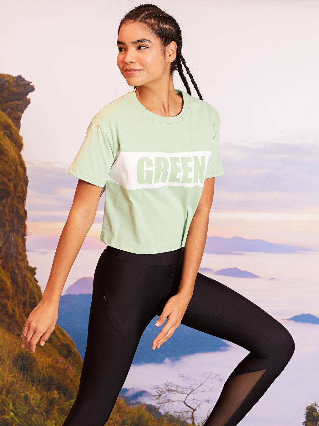 Yeşil Bisiklet Yaka Yazı Baskılı Kısa Kollu Pamuklu Kadın Tişört