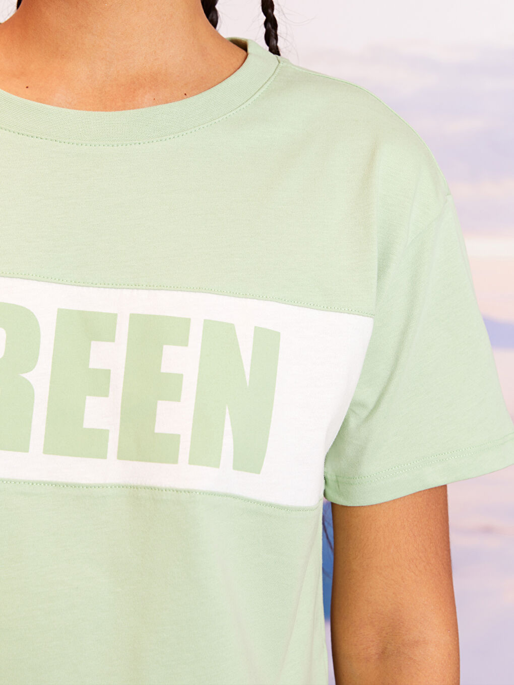 Yeşil Bisiklet Yaka Yazı Baskılı Kısa Kollu Pamuklu Kadın Tişört-3