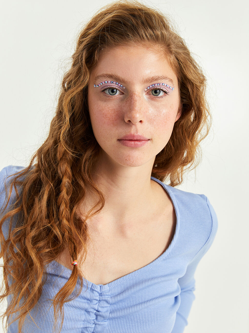 Mavi V Yaka Büzgü Detaylı Uzun Kollu Kadın Crop-2