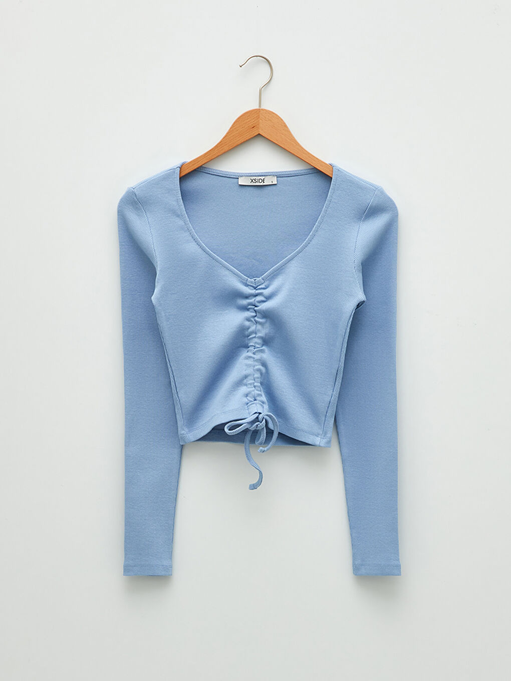 Mavi V Yaka Büzgü Detaylı Uzun Kollu Kadın Crop-5