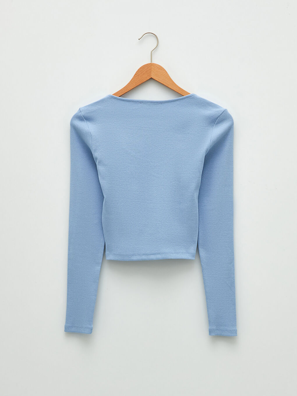 Mavi V Yaka Büzgü Detaylı Uzun Kollu Kadın Crop-6