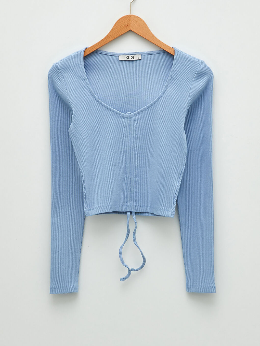 Mavi V Yaka Büzgü Detaylı Uzun Kollu Kadın Crop-7