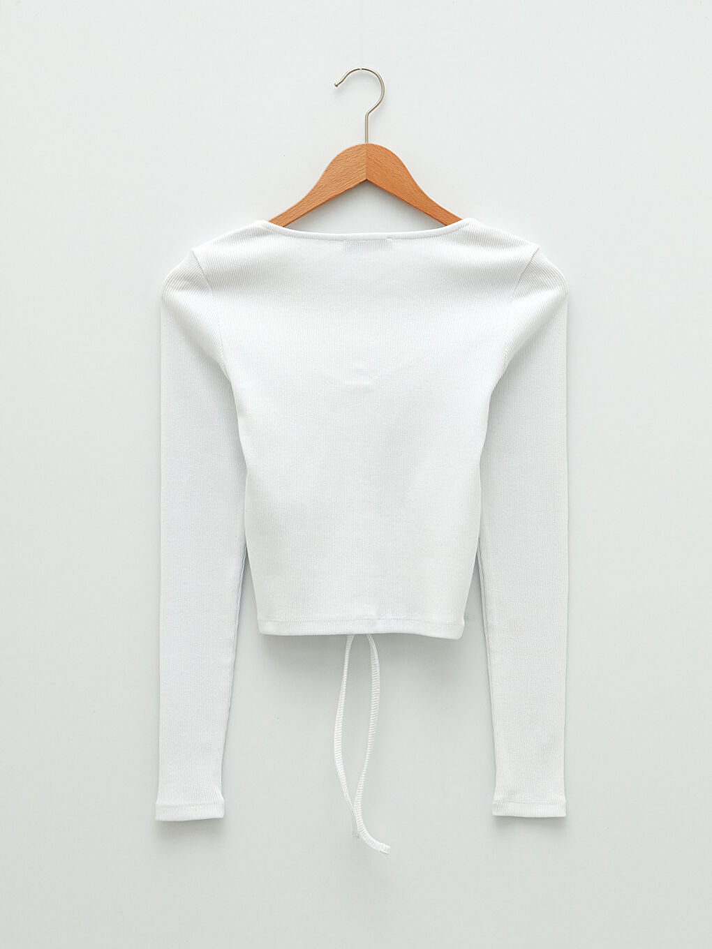 Beyaz V Yaka Büzgü Detaylı Uzun Kollu Kadın Crop-6