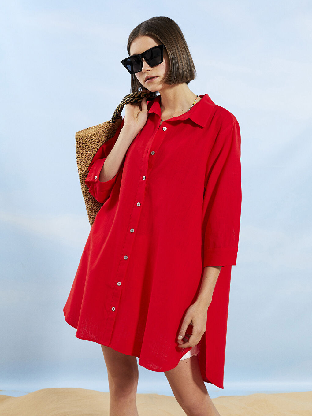 Kırmızı Gömlek Yaka Düz Poplin Kadın Plaj Elbisesi