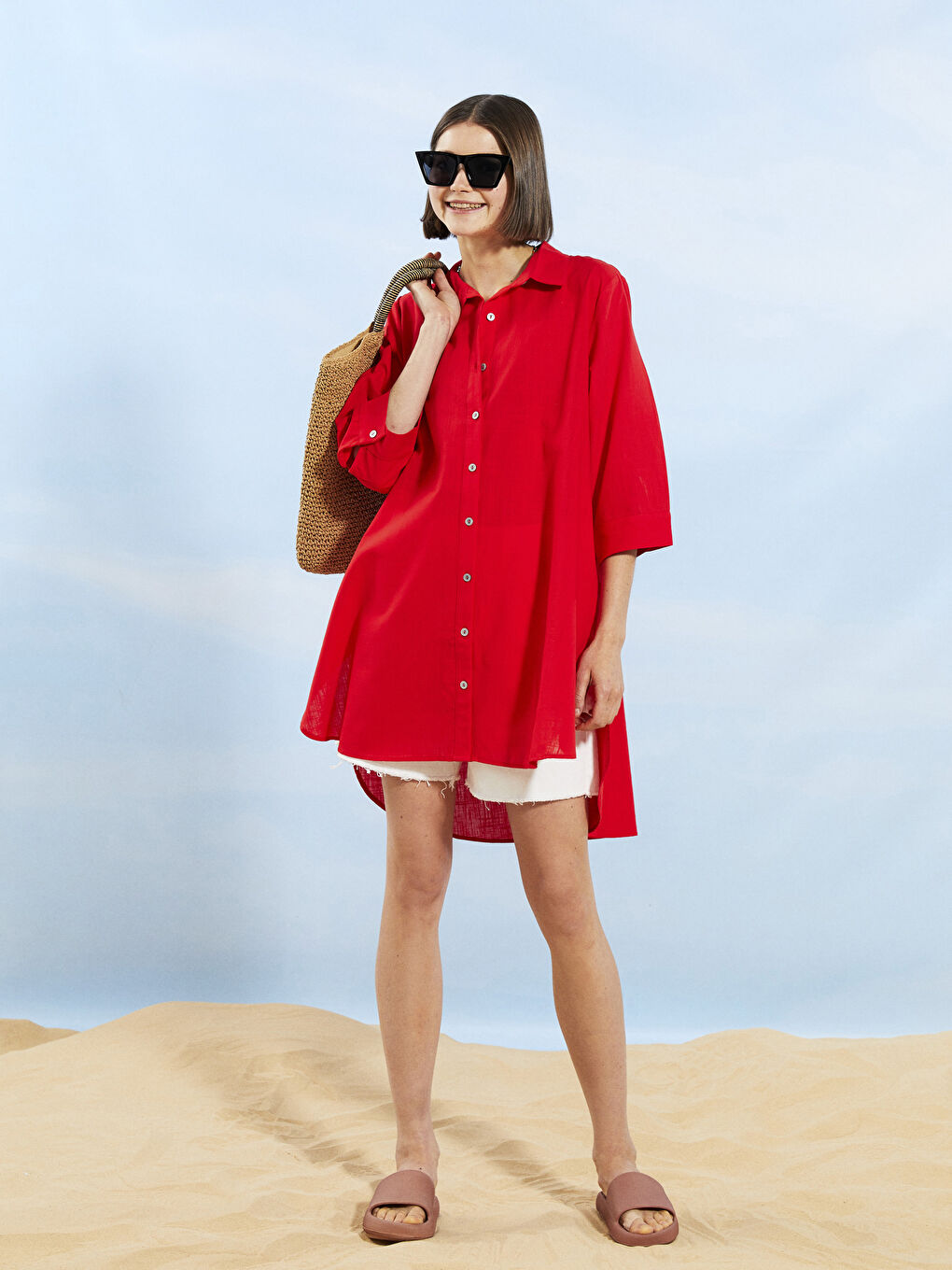 Kırmızı Gömlek Yaka Düz Poplin Kadın Plaj Elbisesi-2