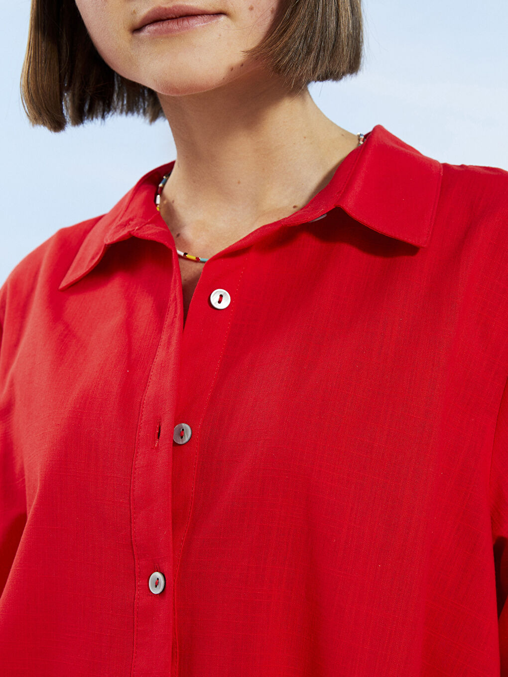 Kırmızı Gömlek Yaka Düz Poplin Kadın Plaj Elbisesi-3