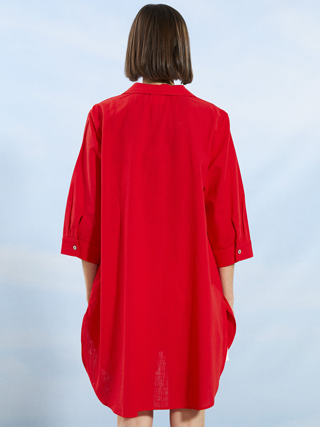 Kırmızı Gömlek Yaka Düz Poplin Kadın Plaj Elbisesi-4
