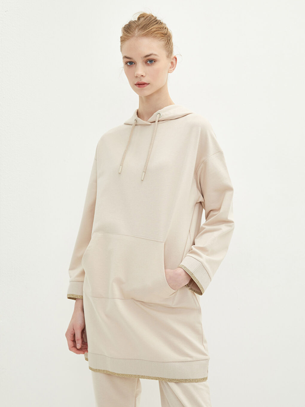 Hooded Plain Long Sleeve Oversize Women's Sweatshirt Tunic-1