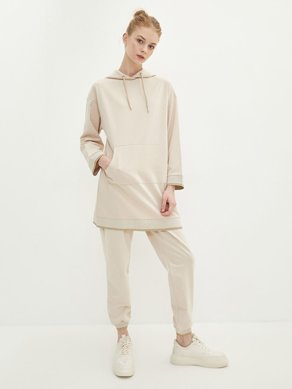 Hooded Plain Long Sleeve Oversize Women's Sweatshirt Tunic-2