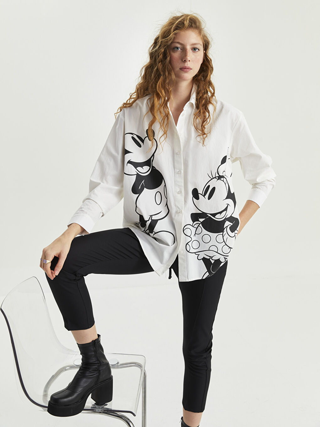 Cămașă pentru Femei din Poplin cu Închidere Frontală cu Nasturi, Imprimată cu Mickey Mouse, Mânecă Lungă-2